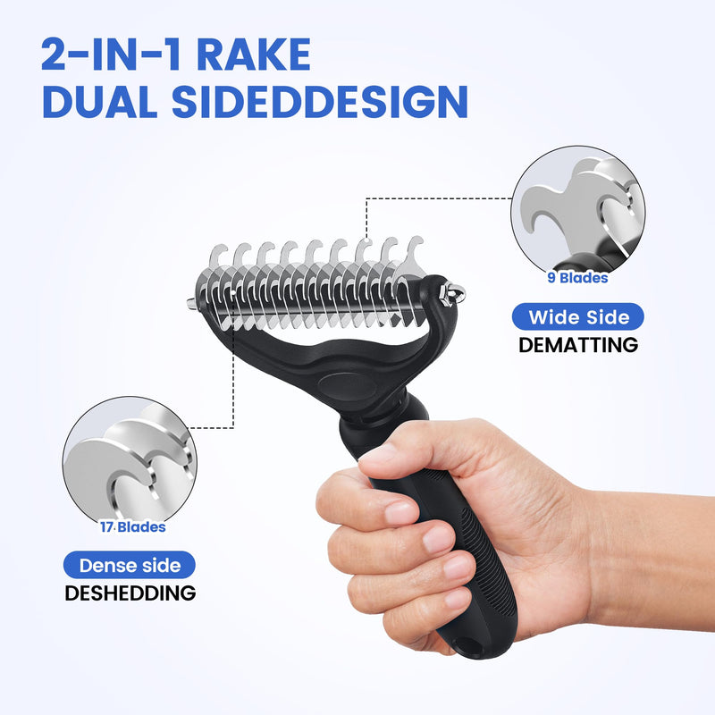 Double-Sided Pet Grooming Rake - 4-in-1 Professional Pet Grooming Kit, Deshedding Dematting Tool for Dogs, Cats, Extra-Wide Grooming Brush & Deshedder Comb for Long and Short Haired Pets(4PCS Black) Black Kit 4PCS