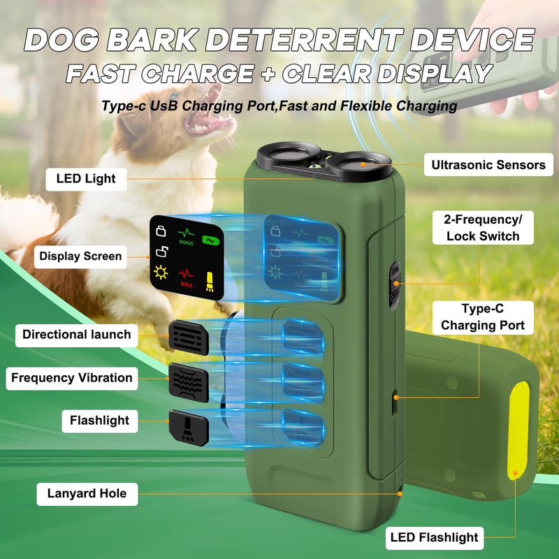 Ultrasonic Dog Bark Deterrent & Anti-Barking Training Device, 3 Modes to Stop Dog Barking, Handheld Tool, Safe, Rechargeable, Compact and Portable, Suitable for Indoor/Outdoor Use(Green) Green