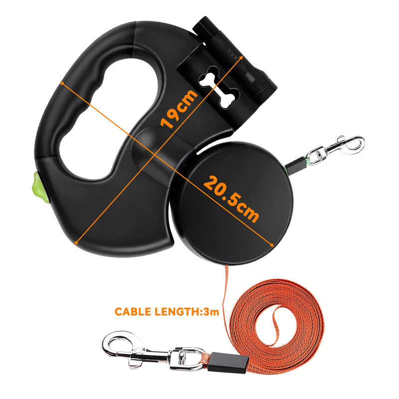 Retractable Double Dog Leash, Automatic Leash 1 Tow 2 with Flashlight and Bag Dispenser