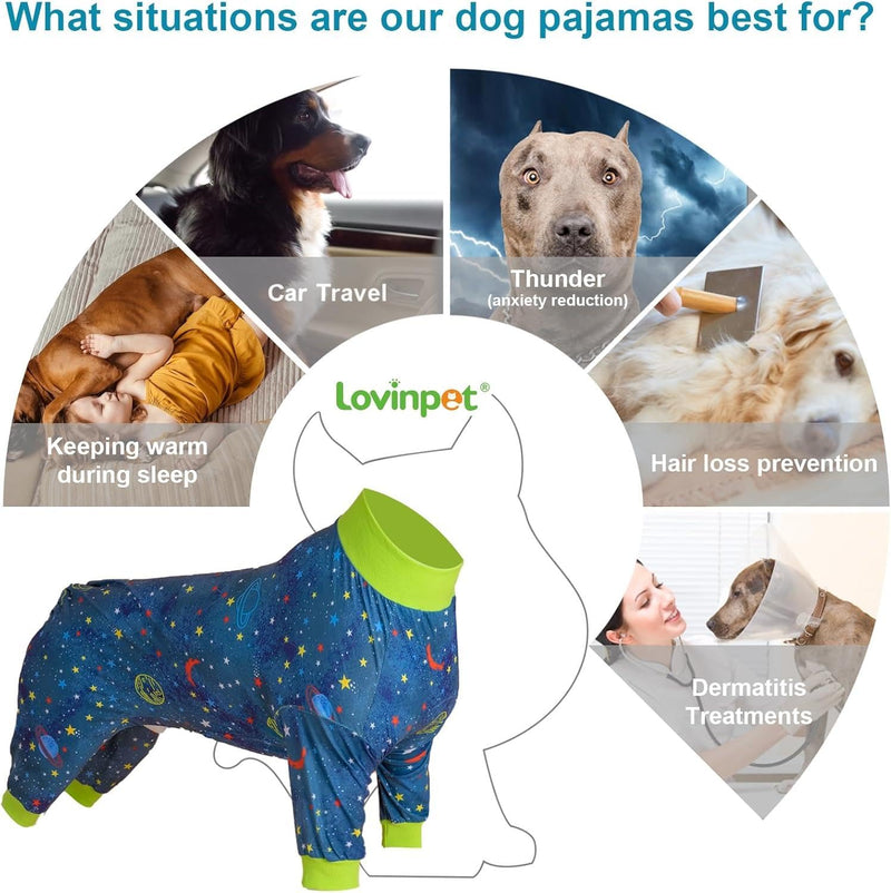 LovinPet Dog PJs Outfits for Female Dogs, Anxiety Relief Onesie, Navy Space Print, Large PJs, Pullover Breed Clothes, Surgery Recovery Suit Undershirt for Sweater,3XL XXX-Large - PawsPlanet Australia