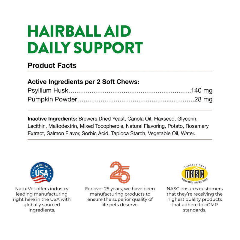 NaturVet – Hairball Aid Supplement for Cats - Plus Pumpkin – Helps Eliminate & Prevent Hairballs – 100 Soft Chews