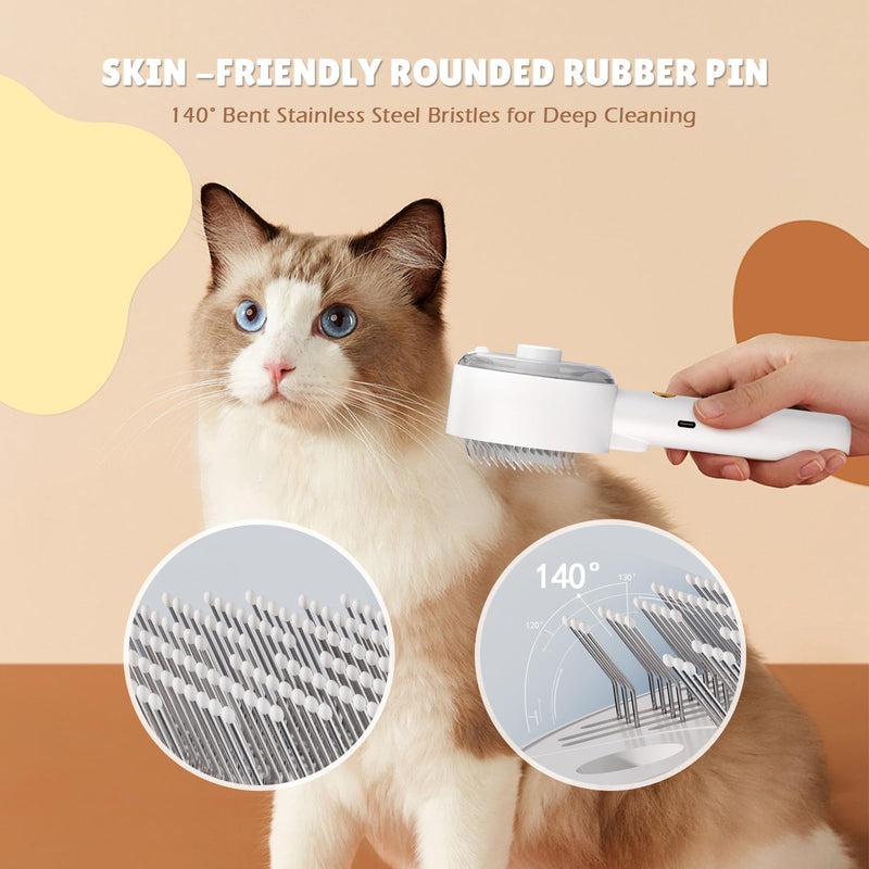 Cat Steam Brush,Cat Brushes for Indoor Cats, 4 In 1Spritz Spray Defur Comb, Cloud Care Shedding Control, Pet Grooming Brush for Long Short Hair Cats Dogs, Massage Clean Design Pet Steam Brushes White