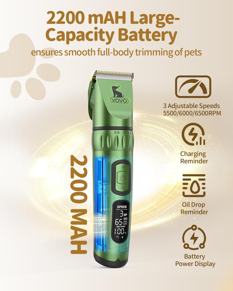Vovo Dog Clippers for Grooming 3-Speed Heavy Duty Dog Hair Trimmers Low Noise Rechargeable Cordless Electric Super Quiet Dog Grooming Kit for Dogs Cats Pets(Green) Green - PawsPlanet Australia