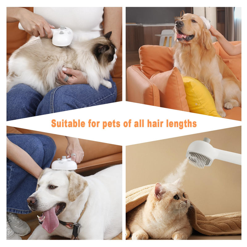 Cat Steam Brush for Cats & Dogs,3-in-1 Self Cleaning Pet Grooming Brush with One-Click Hair Release Button, Anti-Static Deshedding & Detangling Cat Hair Brush, Stainless Steel Bristles,Long/Short Hair White