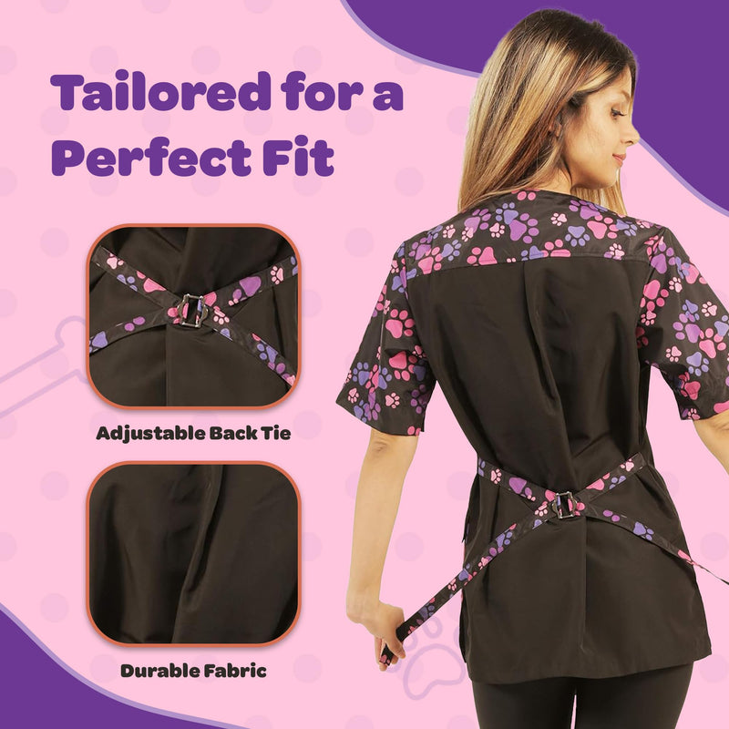Ladybird Line 725 Pink Purple Paw Waterproof Grooming Smock, Hair Bleach Resistant, Solid Black Back, Adjustable Back Belt Medium - PawsPlanet Australia