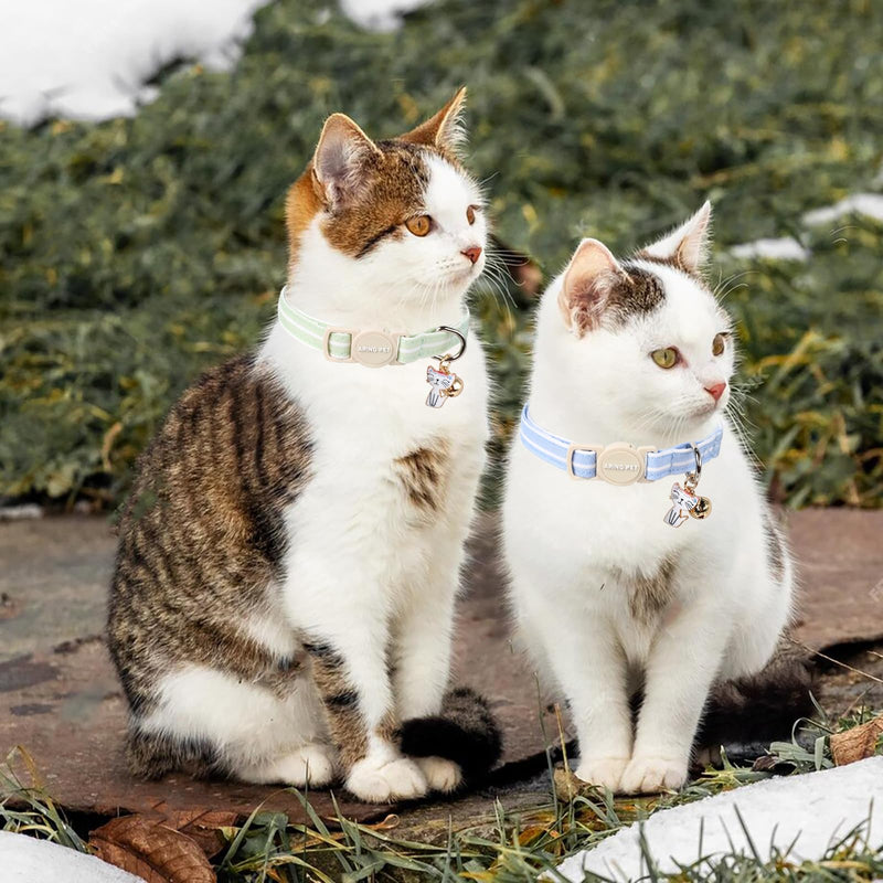 ARING PET 2 Pack Cat Collar-Cute Cotton Cat Collar with Bell & Pendant, Adjustable Blue Green Striped Kitten Collars with Safety Buckle for Girl and Boy Pets blue&green striped - PawsPlanet Australia