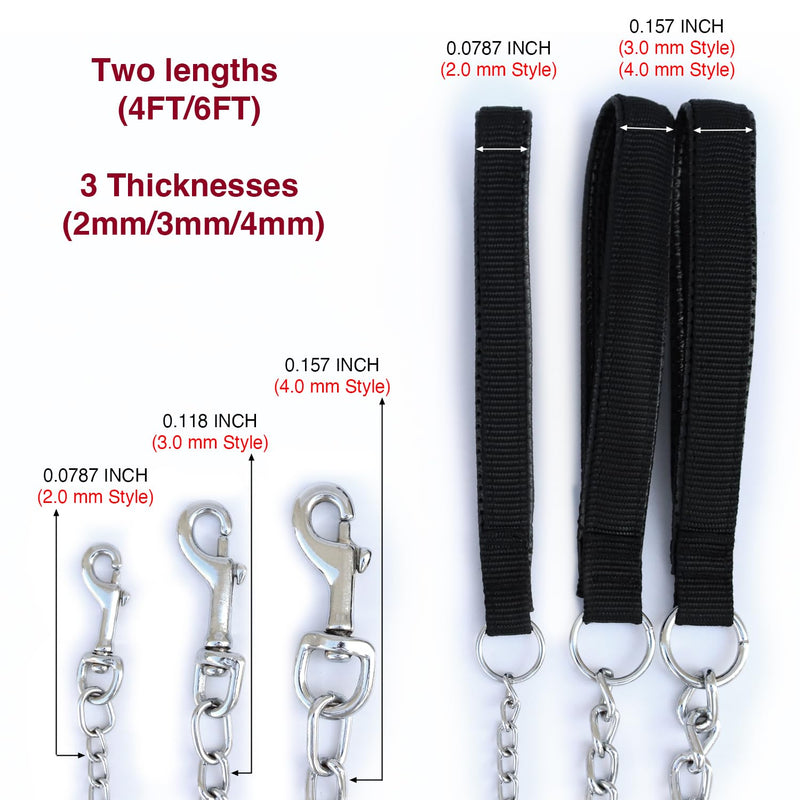Heavy Duty Metal Dog Leash, Chew Proof Pet Leash Chain with Soft Padded Handle for Large & Medium Size Dogs, Length 4 ft, Wide 3 mm 48 x 0.12 in Black