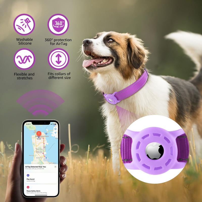 Kuley AirTag Dog Collar and Reflective Leash Set Bundle with Airtag Holder Case,Adjustable Padded Nylon Pet Collar for Small Medium Large Dogs(Purple, Medium) Purple - PawsPlanet Australia