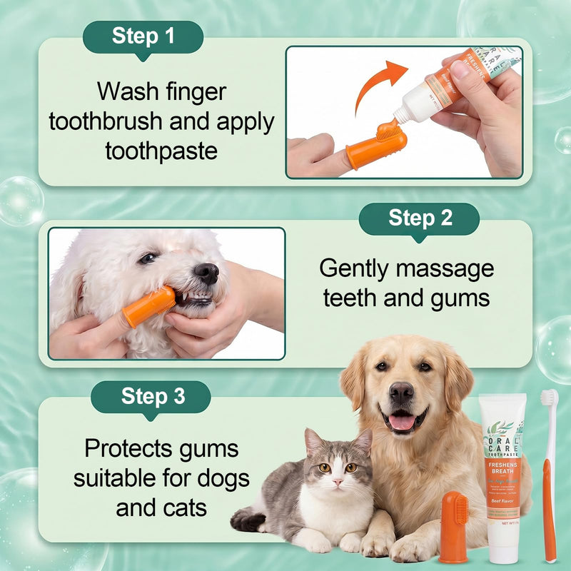 2 Pcs Dog Toothbrush and Toothpaste, Cat Teeth Cleaning with Beef Flavor Toothpaste Finger Brush and Toothbrush for Dogs Cats