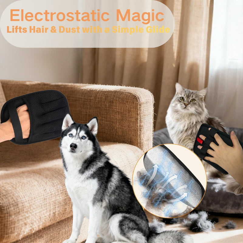 3PCS Pet Hair Removal Gloves for Dogs & Cats, Five-Finger Reusable Electrostatic Magic Brush Clean Pet Hair 2 Pcs Gloves & 1 Comb, Pet Hair Remover Tool for Clothing, Couch, Carpet, Car Seat, Black