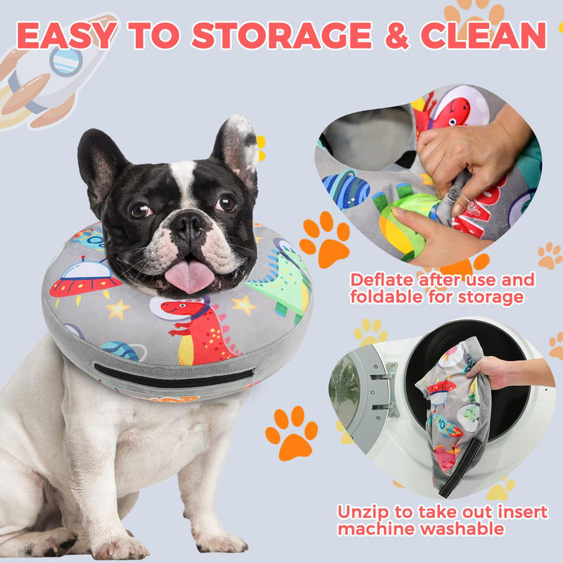 PAWCHIE Inflatable Dog Cone Collar Alternative, Soft Dog Cone for Medium to Large Dogs After Surgery, Adjustable Neck Recovery E-Collars Donut Collar with Cute Dinosaur Prints, Grey L L(Neck:16"-18")
