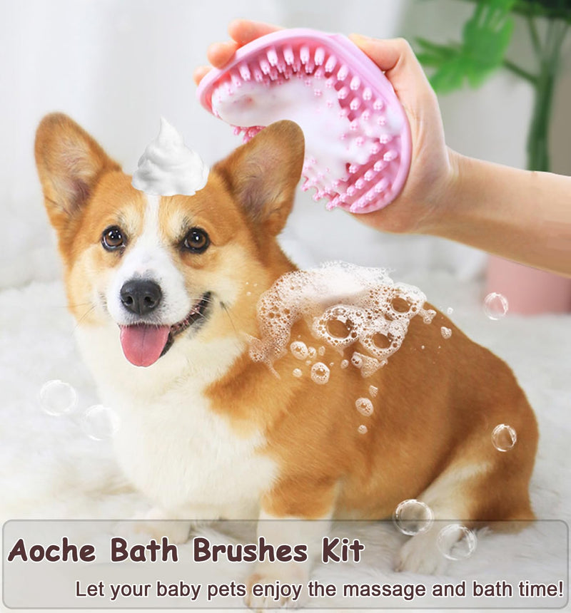 4Pack Pet Grooming Brush Kit, Aoche Dog Bath Brush Flea Comb for Dogs Pet Shampoo Brush Soothing Massage Rubber Comb Flea Lice Comb Cat Tear Stain Comb Dog Brush for Shedding Pink+Yellow - PawsPlanet Australia