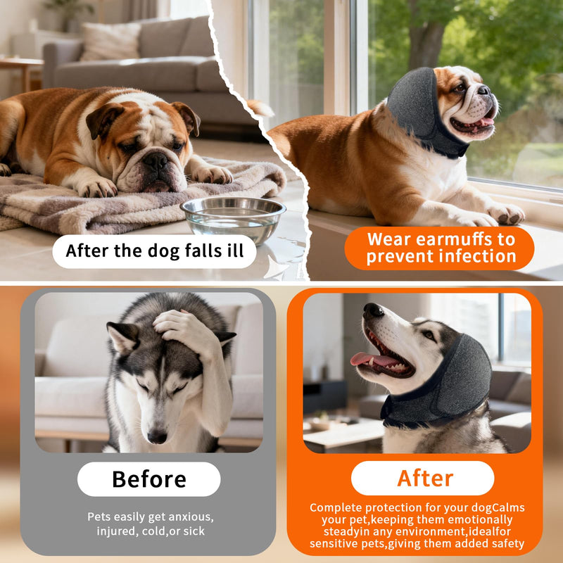 NEW Dog Ear Muffs Noise Protection Anxiety Relief for Fireworks Thunder, No Flap Ear Wrap Ear Covers for Bathing Swimming Grooming, Waterproof Elastic Adjustable Dog Snood Comfortable & Quiet(Grey, L) 1-Pack: Try It First