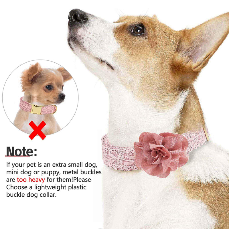 Pink Dog Collar Cotton Lace Handmade Embroidered Adjustable Dog Collar and Leash Set for Large Dogs with Rose Gold Metal Buckle & Fashion Flowers for Girl Dog Wedding Collar (Pink,S) Pink Small - PawsPlanet Australia