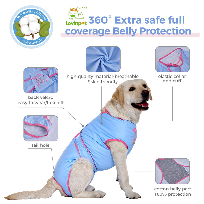 LovinPet Dog Recovery Suit for Large Medium Dogs - Bodysuit Onesie for Shedding Skin Disease Pet Pajamas Dog Anti Licking Snugly Suit Dog Bodysuit for Abdominal Wound After Surgery,Elephant,Blue,M Pink collar/Blue - PawsPlanet Australia