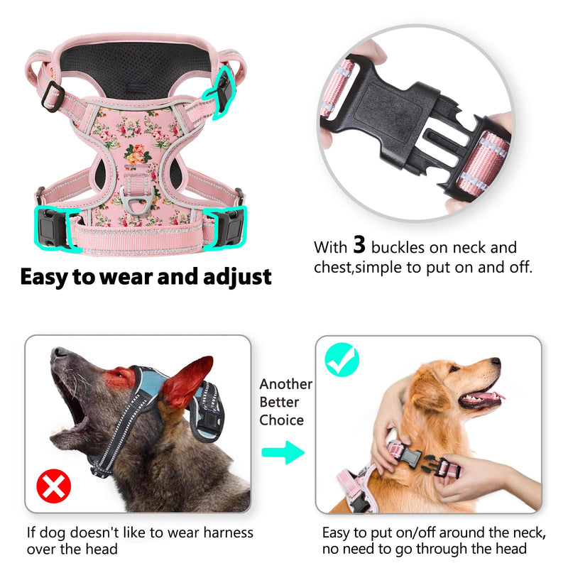 Timos No Pull Dog Harness, Release at Neck Reflective 3 Snap Buckles Adjustable No Choke Pet Vest with Front & Back 2 Leash Clips, Soft Padded Control Training Handle for Small Medium Large Dogs Medium (Pack of 1) Normal-Pink - PawsPlanet Australia