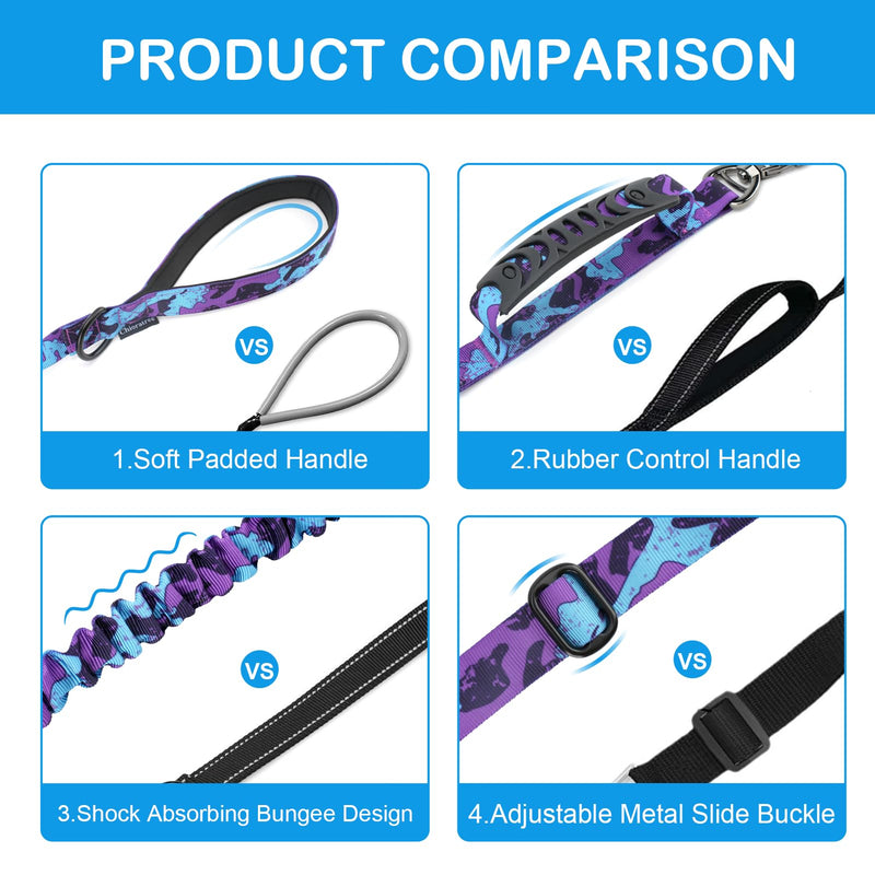 Tactical Dog Leash Heavy Duty, 4-6FT Shock Absorbing Bungee Dog Leash, Strong No Pull Military Dog Leash with 2 Control Handles and Car Seatbelt for Medium Large Dogs, Purple Camo - PawsPlanet Australia