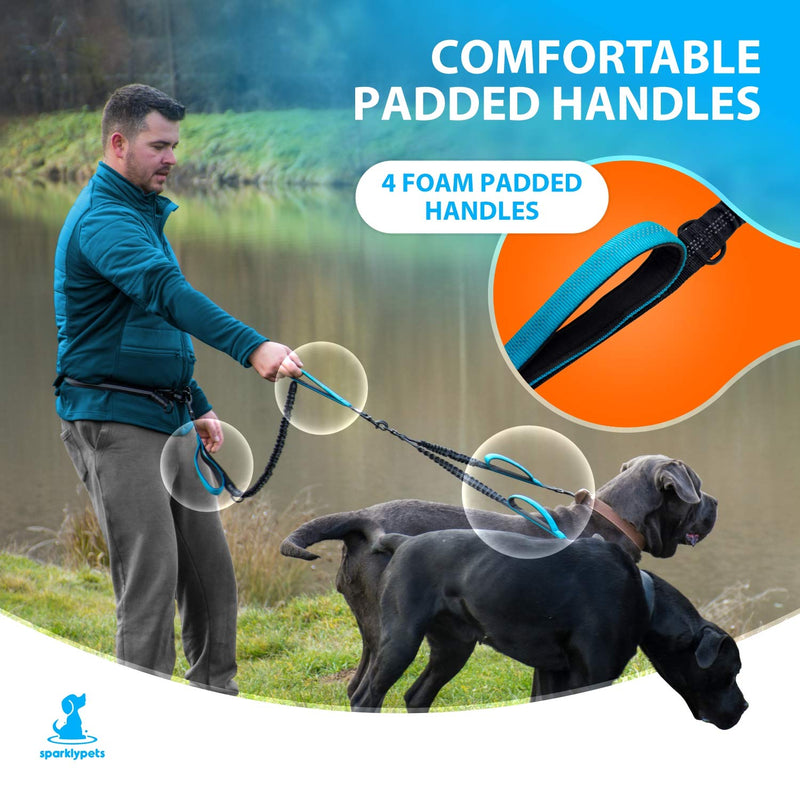 SparklyPets Hands Free Double Dog Leash – Dual Leash for Medium and Large Breeds – Lead for 2 Dogs with Padded Handles, Reflective Stitches, No Pull, Tangle Free Blue 2 dogs M/L