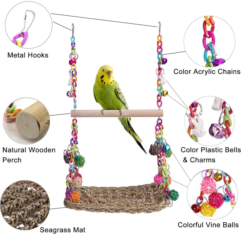 Bird Swing Toys with Wood Perch, Seagrass Woven Parrot Platform Bird Climbing Hanging Hammock Bird Perch Stand Chewing Toy for Parakeets,Budgie, Conure, Cockatiel,Lovebird - PawsPlanet Australia