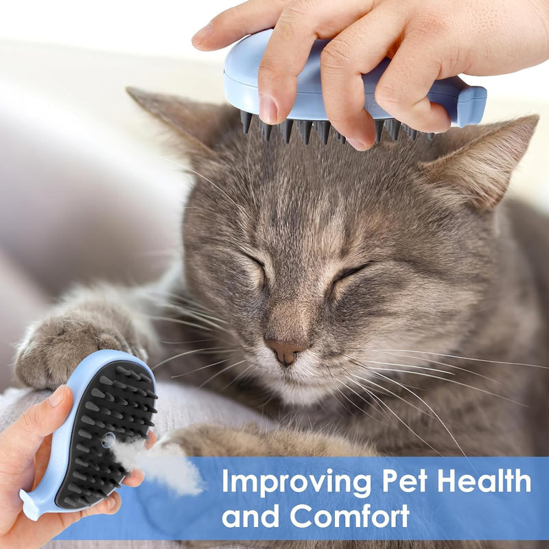 3 in 1 Cat Steamy Brush with Care Solution 2Pcs - Electric Spray Grooming Comb for Cats Dogs, Steaming Silicone Massage Brush - Self Cleaning Pet Hair Remover - Blue & Purple - PawsPlanet Australia
