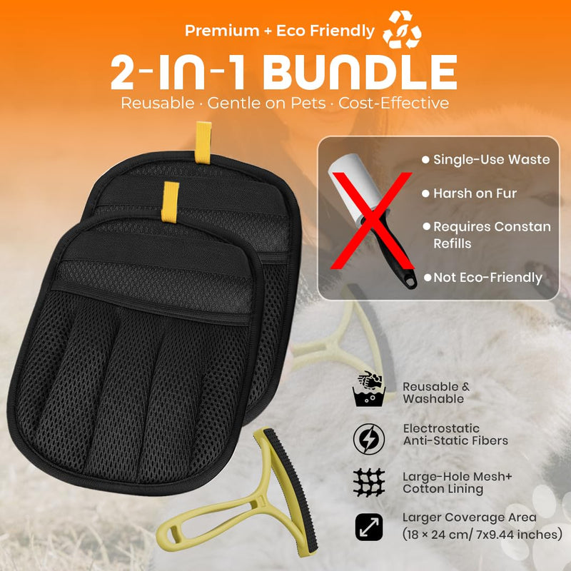 2 Pack Electrostatic Pet Hair Remover Glove with Cleaning Brush for Cats & Dogs, 2026 Upgraded Reusable 5-Finger Grooming Gloves – Magic Brush Tool for Furniture, Couch, Carpet, Car & Clothing (Black) - PawsPlanet Australia