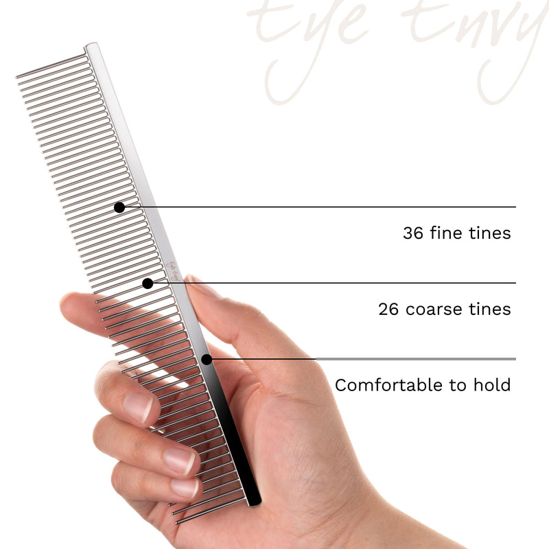 Eye Envy ProGlide Detangling Comb for Dogs and Cats. Dual-sided 7.5” Greyhound-style comb with 30mm rounded teeth. Gentle on your pet, it glides through dense coats without damaging hair or skin.