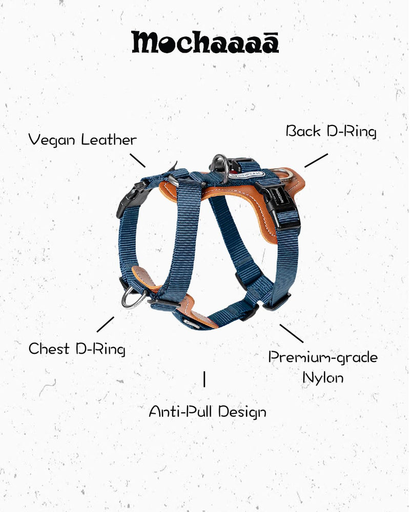 Nylon Vegan Leather Adjustable H-Shape Dog Harness (Dark Blue, L) Dark Blue - PawsPlanet Australia