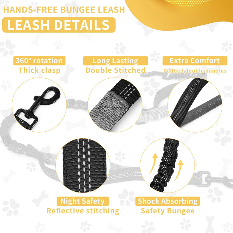 Tails & Tales Hands Free Dog Leash with Waist Pouch, Lumbar Support Upgraded, Bungee Reflective Leash, Adjustable Belt 25-55", Walking Running Hiking Training for Dogs Up to 125lbs (Black, Two Dogs) Black - PawsPlanet Australia