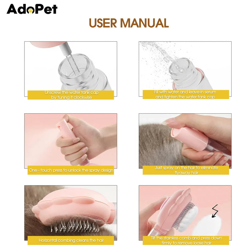 Pet Grooming Brush – Cat Paw Design Self-Cleaning Slicker with Water Spray, Rounded Bristles for Dogs & Cats, Removes Loose Hair & Tangles