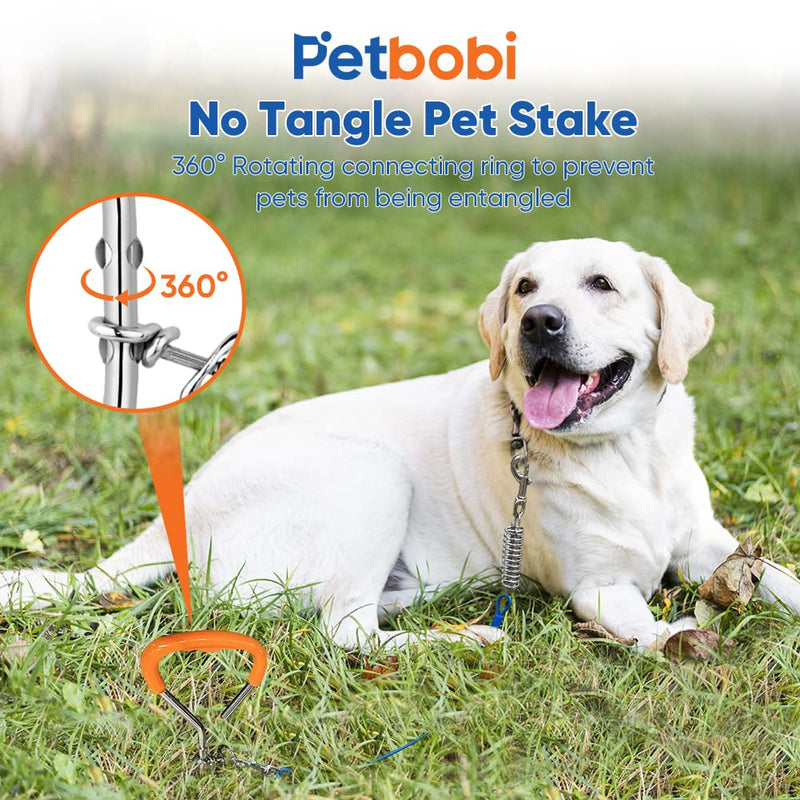 Petbobi Dog Tie Out Stake - 16″ Heavy Duty Dog Anchor for Yard Camping, 9mm Solid Steel, Soft Grip Handle Dog Spiral Stake with No Tangle Connect Ring for Small to Large Dogs Up to 120lbs, Orange