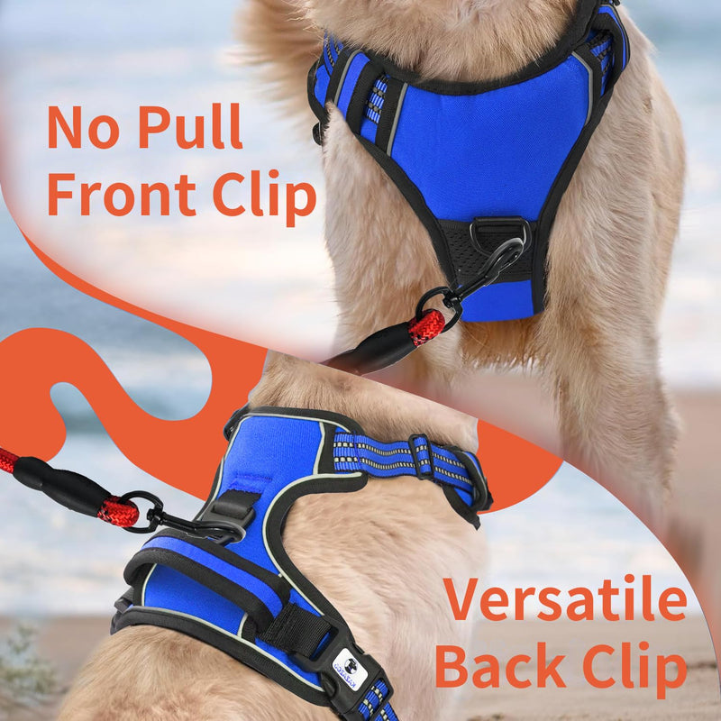 kazazoo Dog Harness, No-Pull Pet Breathable Harness, Adjustable Soft Padded Dog Vest with 2 Leash Clips, Reflective No-Choke Pet, Easy Control Handle for Large Dogs, Blue, L Ocean Blue - PawsPlanet Australia