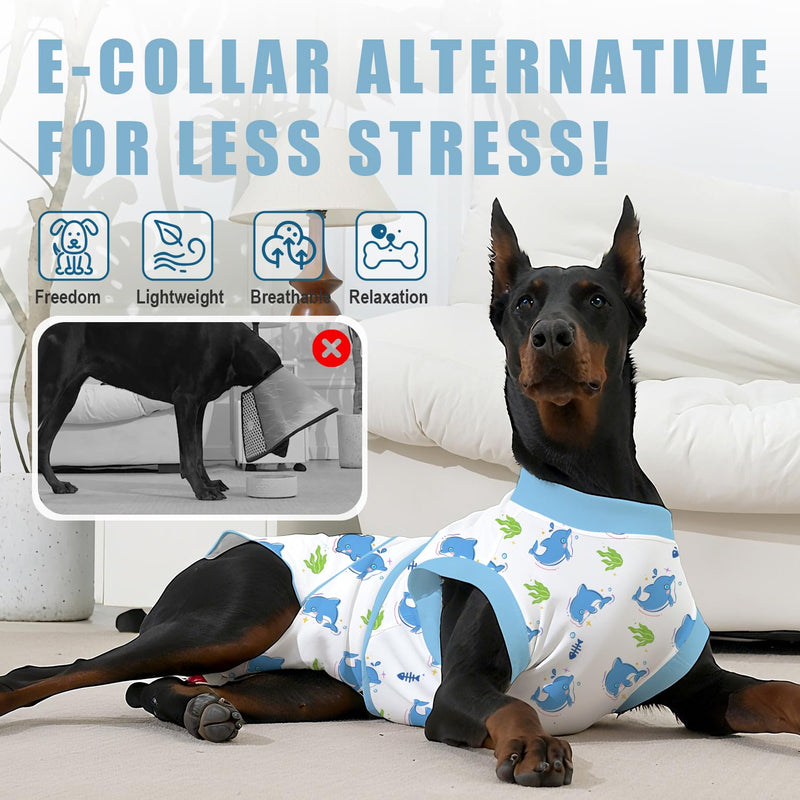 Dog Recovery Suit for Post Surgery, E-Collar Cone Alternative for Female Spay & Male Neuter, Breathable Soft Onesie for Abdominal Wounds & Skin Disease, Anti-Lick Surgical Suit for Dogs, Blue, XL X-Large (Back: 21.28"; Weight: 45 - 85 LB) Blue-Dolphin