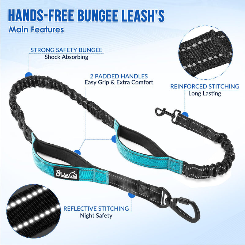 Hands Free Dog Leash for 2 Dogs, Adjustable Waist Belt with Zipper Pouch, Dual Handle Retractable Elastic Bungee with Reflective Stitches for Medium and Large Dogs Training Running 2 Leashes
