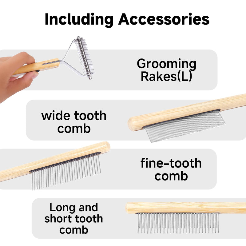 Bamboo Undercoat Rake & Deshedding Comb for Dogs & Cats - Cat & Dog Brush & Dematting Tool for Matted Fur, Pet Grooming Kit with Fur Comb & Flea Comb for Shedding Control Large