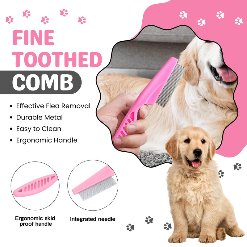 9Pcs Dog Grooming Kit - Self Cleaning Slicker Brush, Flea Comb, Nail Trimmer & Bath Brush - Pet Grooming Tools for Shedding, Trimming & Oral Care - For Dogs & Cats - Pink