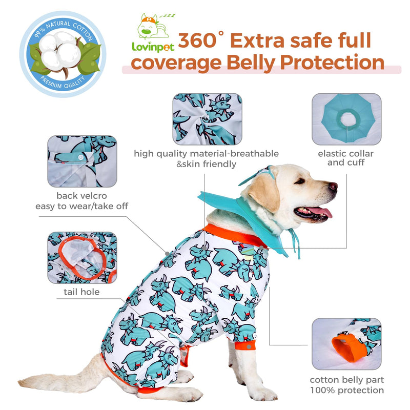 LovinPet Dog Recovery Suit - Medium Large - Dog's Bodysuit Wound Protective Surgical,E-Collar Alternative Recovery Snugly Suit for Abdominal Wounds After Surgery Anti-Licking,Rhino,Green,L Red collar/Blue - PawsPlanet Australia