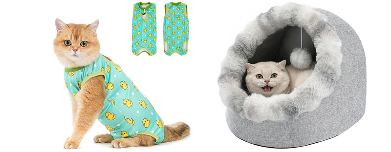 Avont Cat Recovery Suit After Surgery Bundle with Cat Bed Cave for Indoor Cats, Semi-Enclosed Cat House