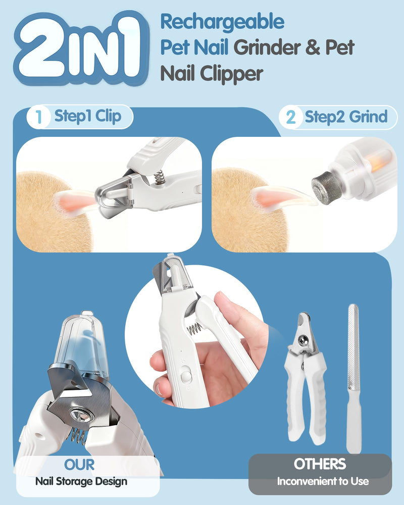 2 in 1 Dog Nail Clippers & Dog Nail Grinder for Large Medium Small Dogs Cats Claw Trimmer with 2 LED Lights & Splash Guard, Ultra-Quiet, USB Rechargeable Pet Claw Care Grooming - PawsPlanet Australia