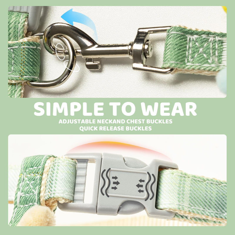 Escape Proof Cat Harness and Leash Set, H-Shape Soft Padding Vest, Adjustable Kitten Harness for Walking, No-Choke Design with Adorable Plush Decor(S/Green) S Green