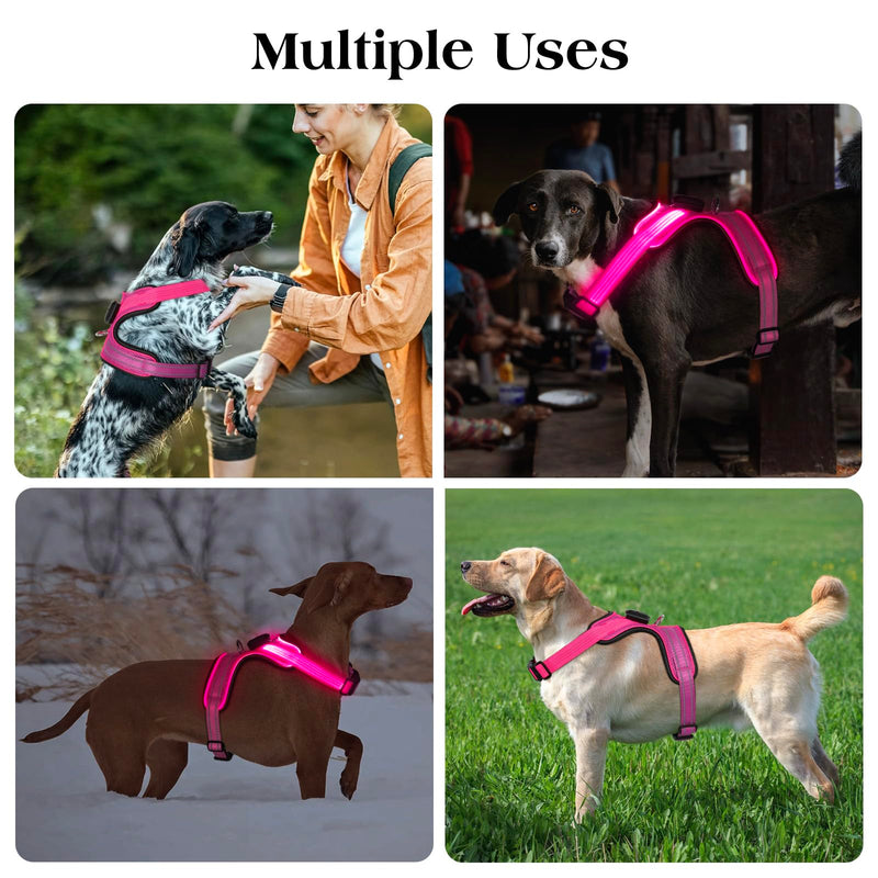 Light Up Dog Harness, Rechargeable Led Dog Harness with Battery Level Indicator, Adjustable Reflective Safety Vest for Night Walking, Soft Mesh Lighted Harness for Medium Large Dogs(5-90lbs) L Pink - PawsPlanet Australia