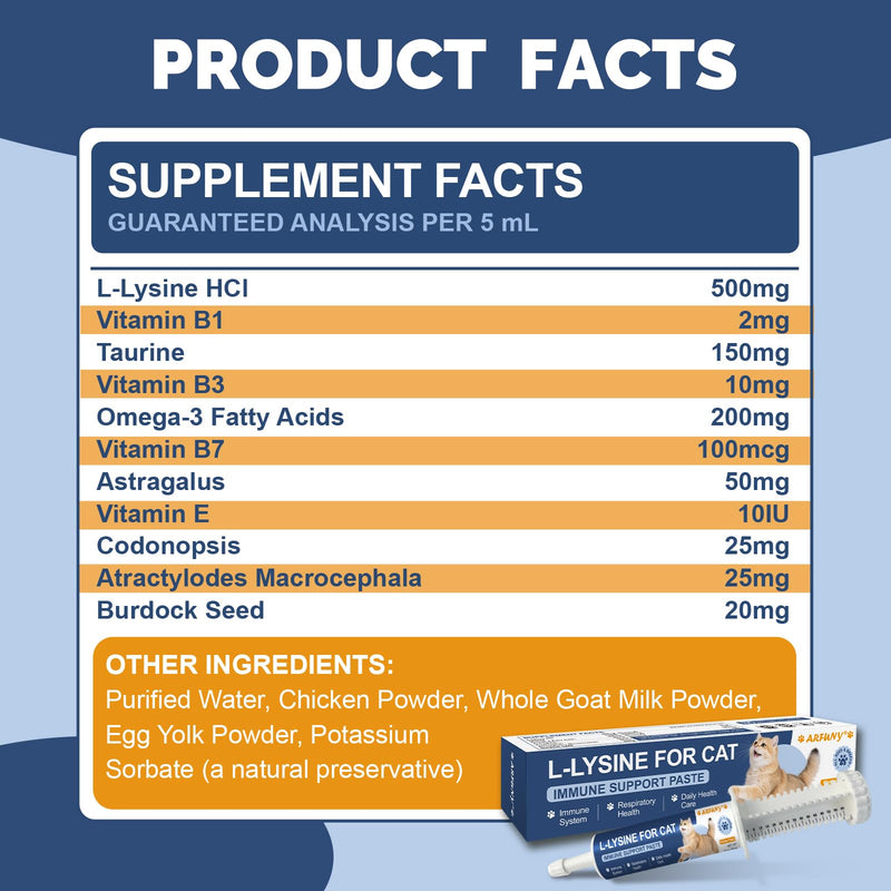 L-Lysine for Cats - Lysine for Cats - Immune System, Normal Eye Function and Respiratory Health - Cat Lysine Paste with Taurine, Omega-3, Vitamins - 60ML, Chicken Flavor