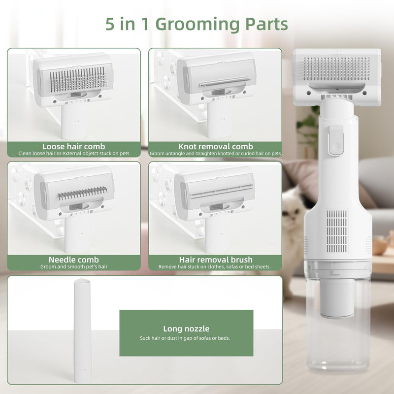 Dog Vacuum for Shedding Grooming, Cordless Dog Grooming Kit with Strong Suction for Dogs and Cats, Low Noise Pet Vacuum for Shedding, Handheld 5 in 1 Pet Hair Removal Tool White - PawsPlanet Australia