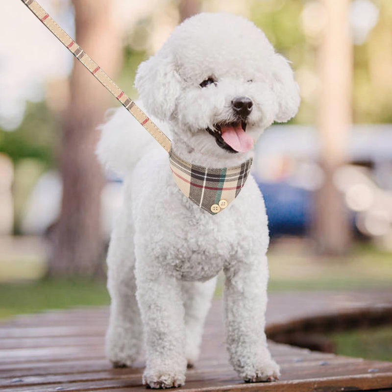 KOOLTAIL Small Dog Collar and Leash Set with Bowtie and Bells - Cute Puppy Bandana Collar and Leash with Classic Plaid Pattern, Soft Leather Tangle Free Leashes for Small Boys Girls Dogs,Cats,Beige XS X-Small((Neck Girth 8"-10") Beige
