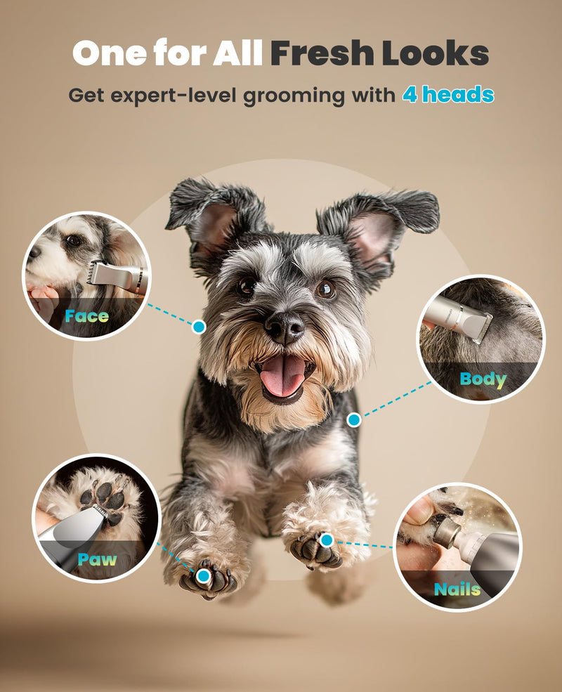 oneisall 4 in 1 Dog Grooming Kit with LCD Display, Dog Hair Trimmer for Paw Nail Grinder, Rechargeable Cordless Low Noise IPX7 Waterproof Pet Clippers Silver - PawsPlanet Australia