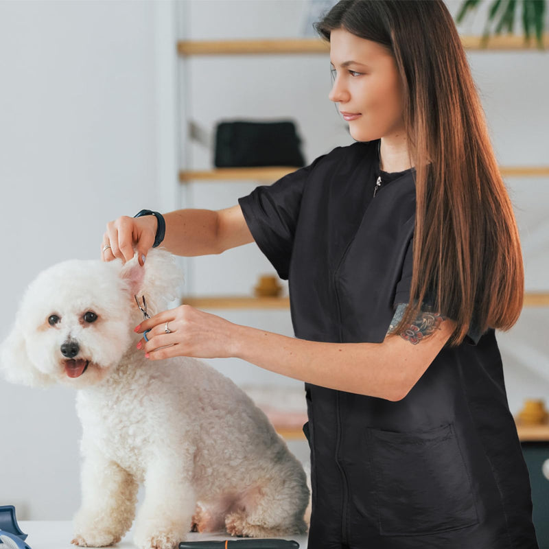 Waterproof Pet Grooming Workwear, Short Sleeves Dog Grooming Smock, Hairdresser Uniform with Full Zipper & Pockets, Anti-Static Professional Stylist Jacket for Barber Salon Pet Shop Medium - PawsPlanet Australia