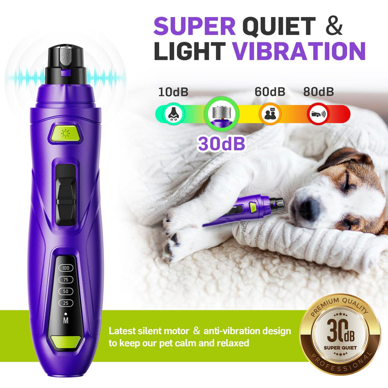 Dog Nail Grinder & Clipper 2-in-1 Set - 25dB Ultra Quiet with 3 Grinding Wheels & 2 LED Lights, Rechargeable for Large/Puppy Dogs & Cats, 3-Speed Adjustable for Anxious Pets Purple - PawsPlanet Australia