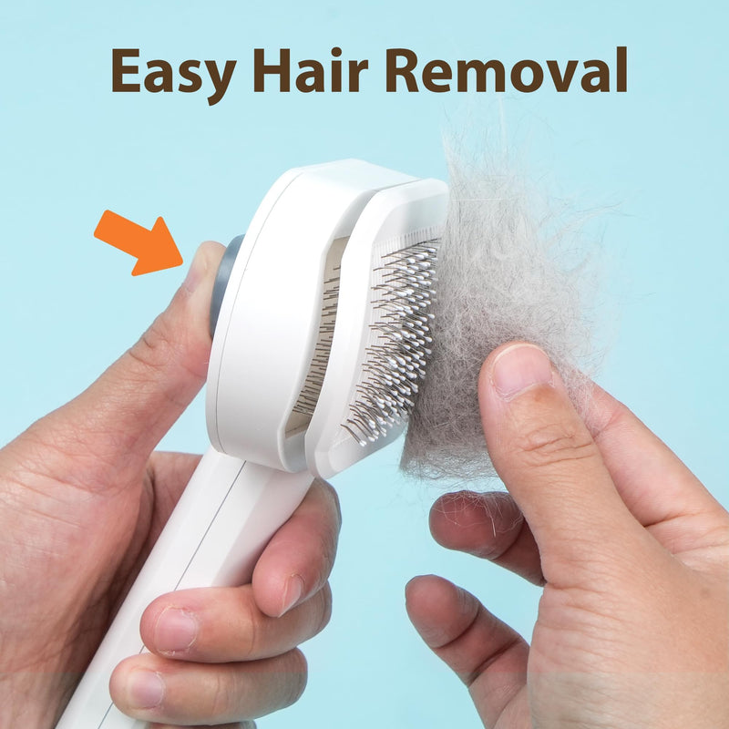 Self Cleaning Slicker Brush for Dogs & Cats - 2-in-1 Pet Grooming Tool with Flea Comb & Storage Box, Gentle Deshedding Brush for Long/Short Hair,White - PawsPlanet Australia