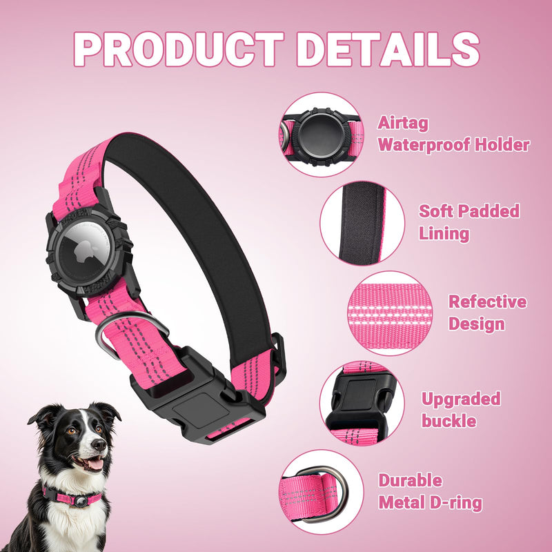 AirTag Dog Collar and Leash, IP68 Waterproof Integrated with Reflective, Ultra-Durable, Comfortable Padded, Heavy Duty Dog Collars for Small Medium Large Dogs, L (14.8"-20.3"), Pink L(14.8"-20.3") Set-Pink - PawsPlanet Australia