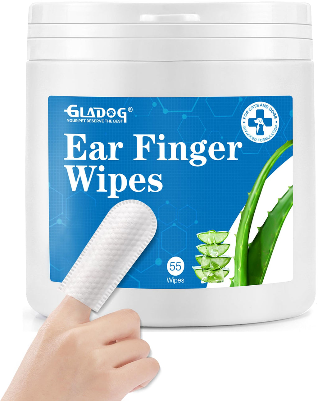 GLADOG Dog Ear Cleaner Finger Wipes, Ear Finger Wipes for Dogs Cats, Gently Removes Dirt & Odor, Dissolves Wax Build-Up, Easy to Use, Ear Cleaning Finger Wipes for Dogs, Natural Ingredients - 55 Count - PawsPlanet Australia