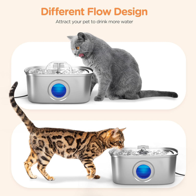 Cat Water Fountain Stainless Steel: 108oz/3.2L Cat Fountain for Drinking with Filter - Pet Water Fountains for Cats Inside - Automatic Cat Feeding & Watering Supplies - Water Level Window Fountain + 4 Filters & 4 Sponges - PawsPlanet Australia